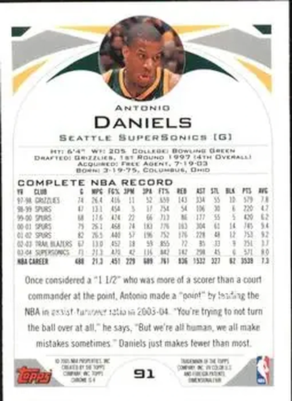 2004-05 Topps Chrome #91 - Antonio Daniels - Seattle SuperSonics - Back