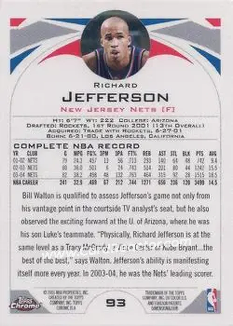 2004-05 Topps Chrome #93 - Richard Jefferson - New Jersey Nets - Back