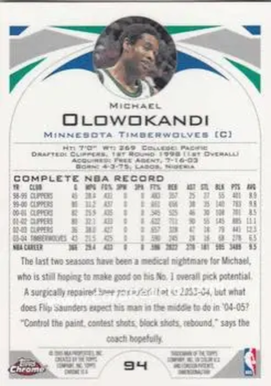 2004-05 Topps Chrome #94 - Michael Olowokandi - Minnesota Timberwolves - Back