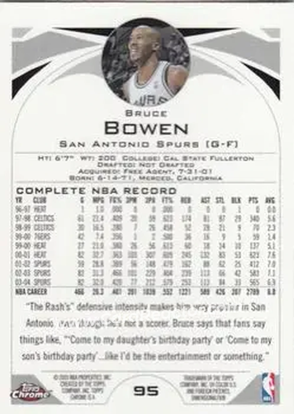 2004-05 Topps Chrome #95 - Bruce Bowen - San Antonio Spurs - Back 2004-05 Topps Chrome #95 - Bruce Bowen - San Antonio Spurs - Back