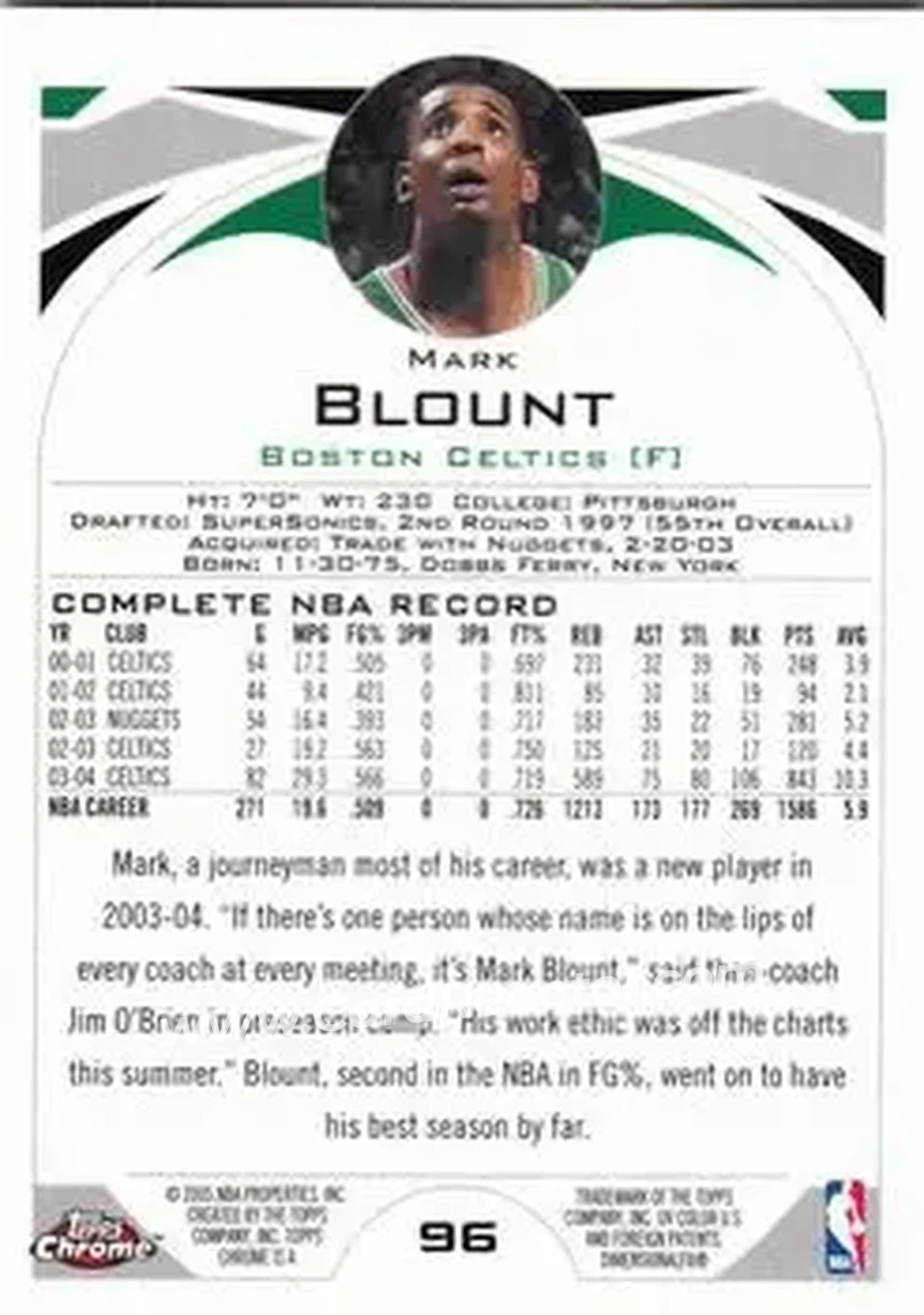 2004-05 Topps Chrome #96 - Mark Blount - Boston Celtics - Back