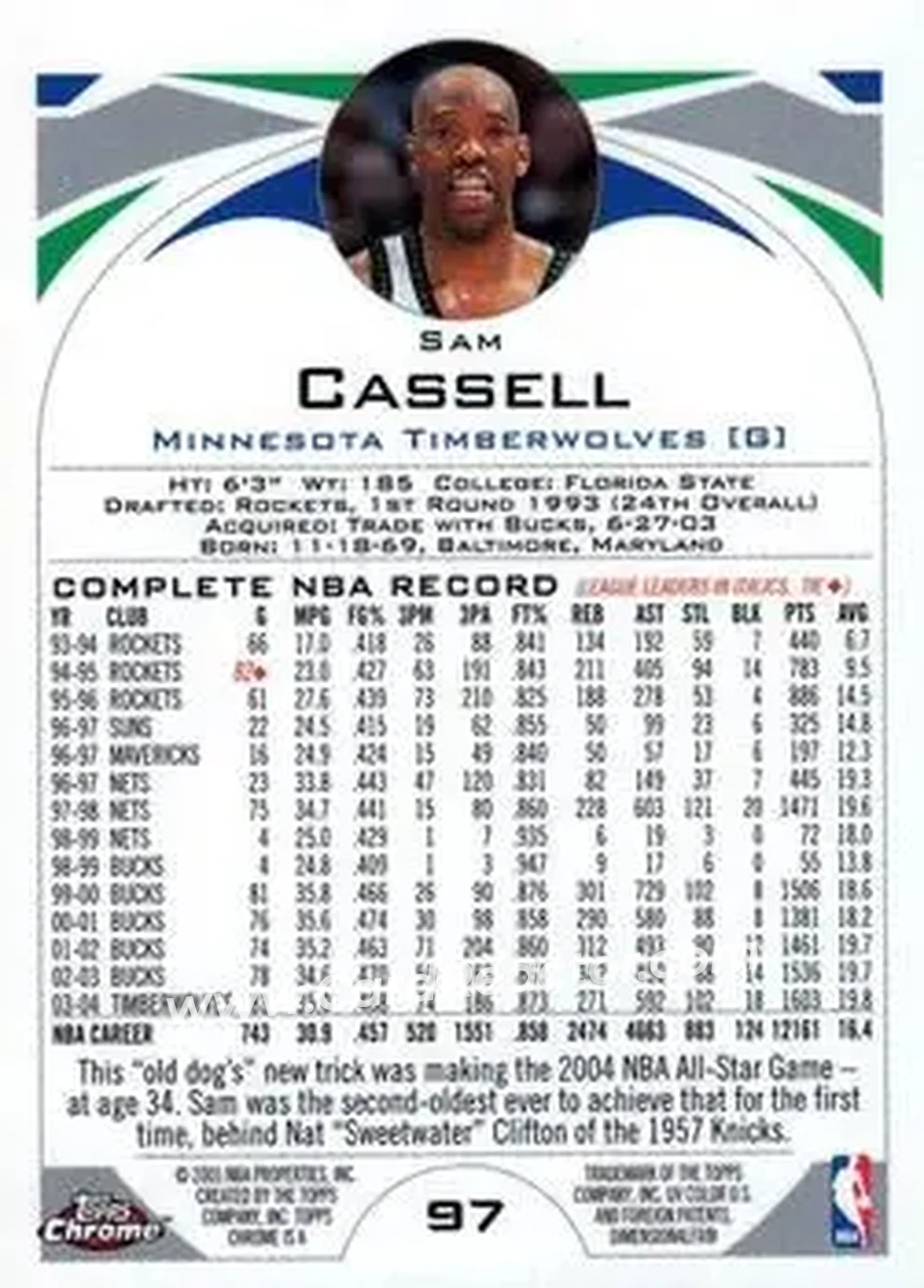2004-05 Topps Chrome #97 - Sam Cassell - Minnesota Timberwolves - Back