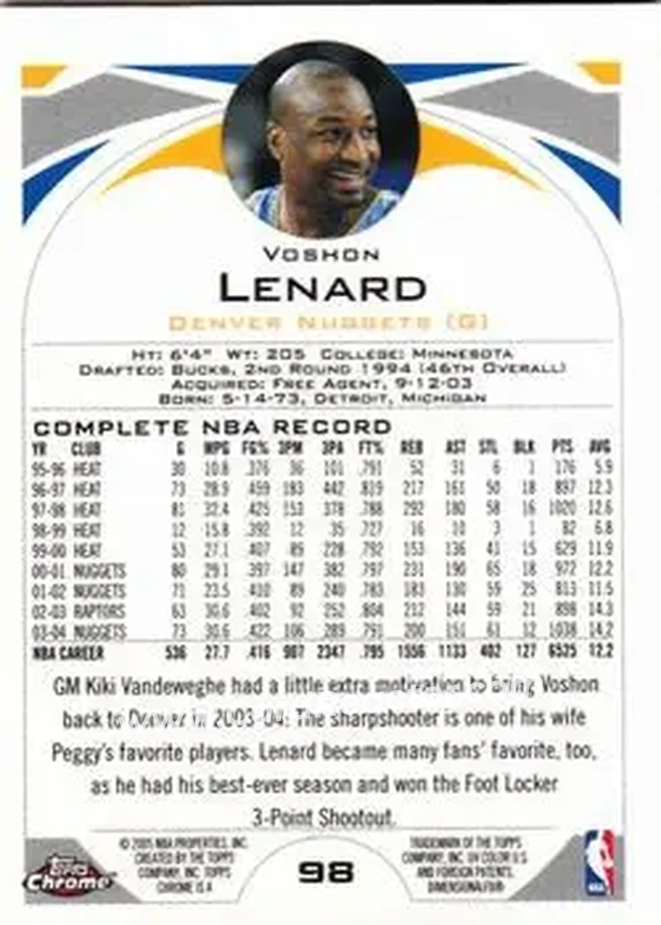 2004-05 Topps Chrome #98 - Voshon Lenard - Denver Nuggets - Back