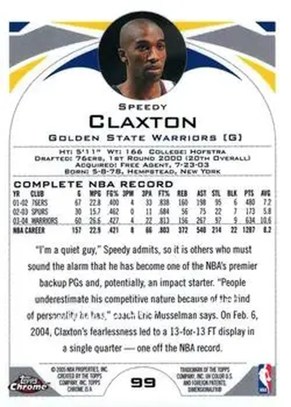 2004-05 Topps Chrome #99 - Speedy Claxton - Golden State Warriors - Back