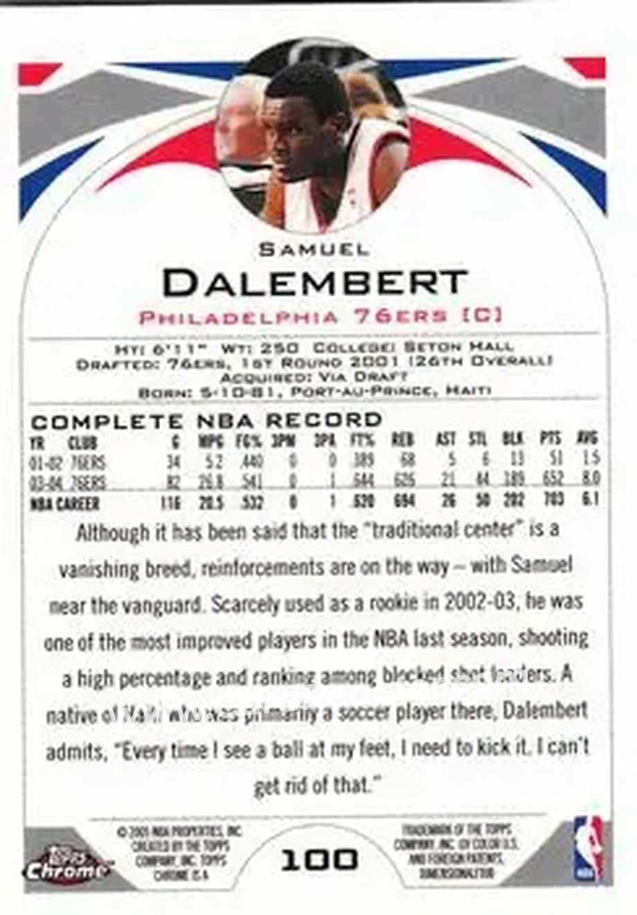 2004-05 Topps Chrome #100 - Samuel Dalembert - Philadelphia 76ers - Back