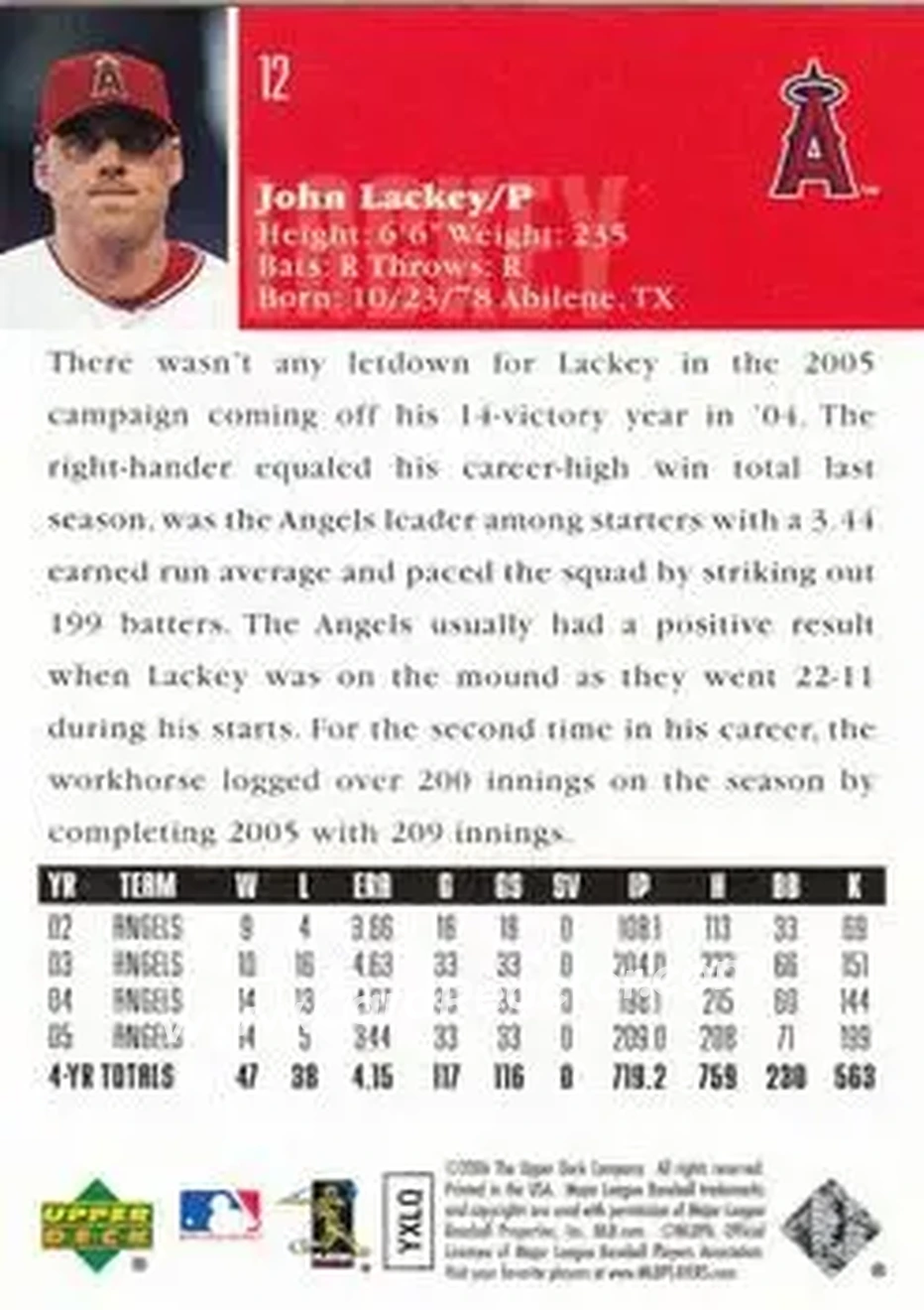 2006 Upper Deck #12 - John Lackey - Los Angeles Angels - Back 2006 Upper Deck #12 - John Lackey - Los Angeles Angels - Back