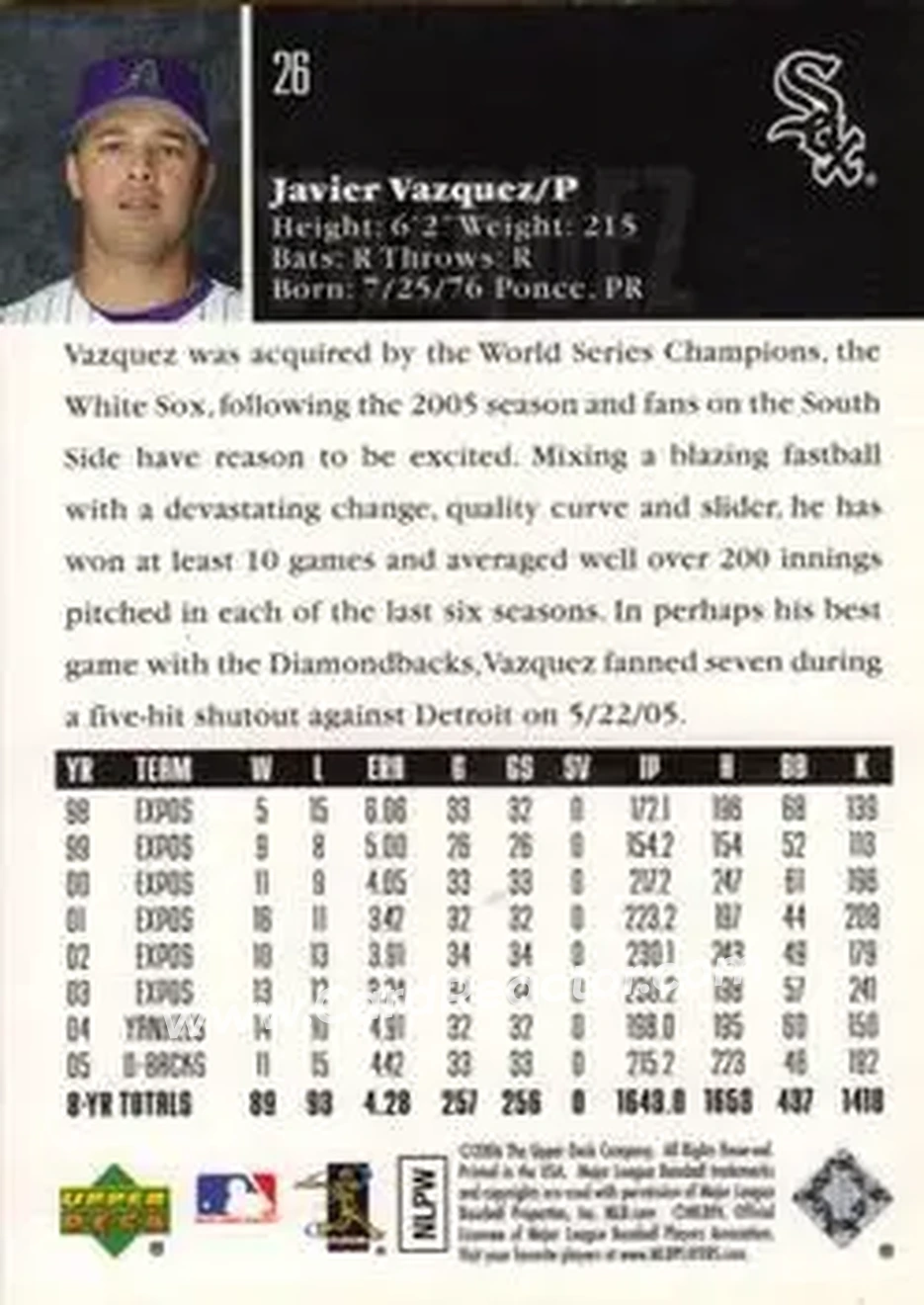 2006 Upper Deck #26 - Javier Vazquez - Chicago White Sox - Back