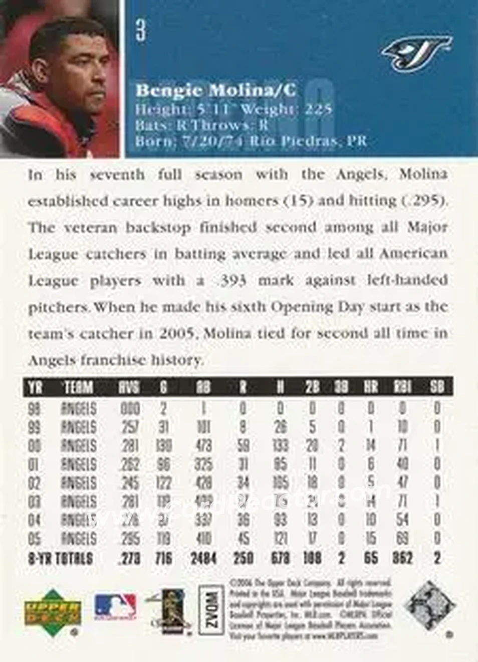 2006 Upper Deck #3 - Bengie Molina - Toronto Blue Jays - Back 2006 Upper Deck #3 - Bengie Molina - Toronto Blue Jays - Back