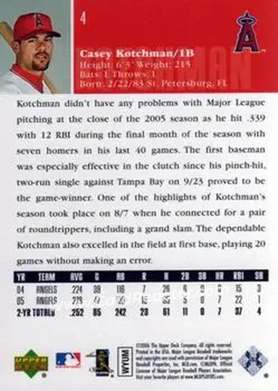2006 Upper Deck #4 - Casey Kotchman - Los Angeles Angels - Back 2006 Upper Deck #4 - Casey Kotchman - Los Angeles Angels - Back