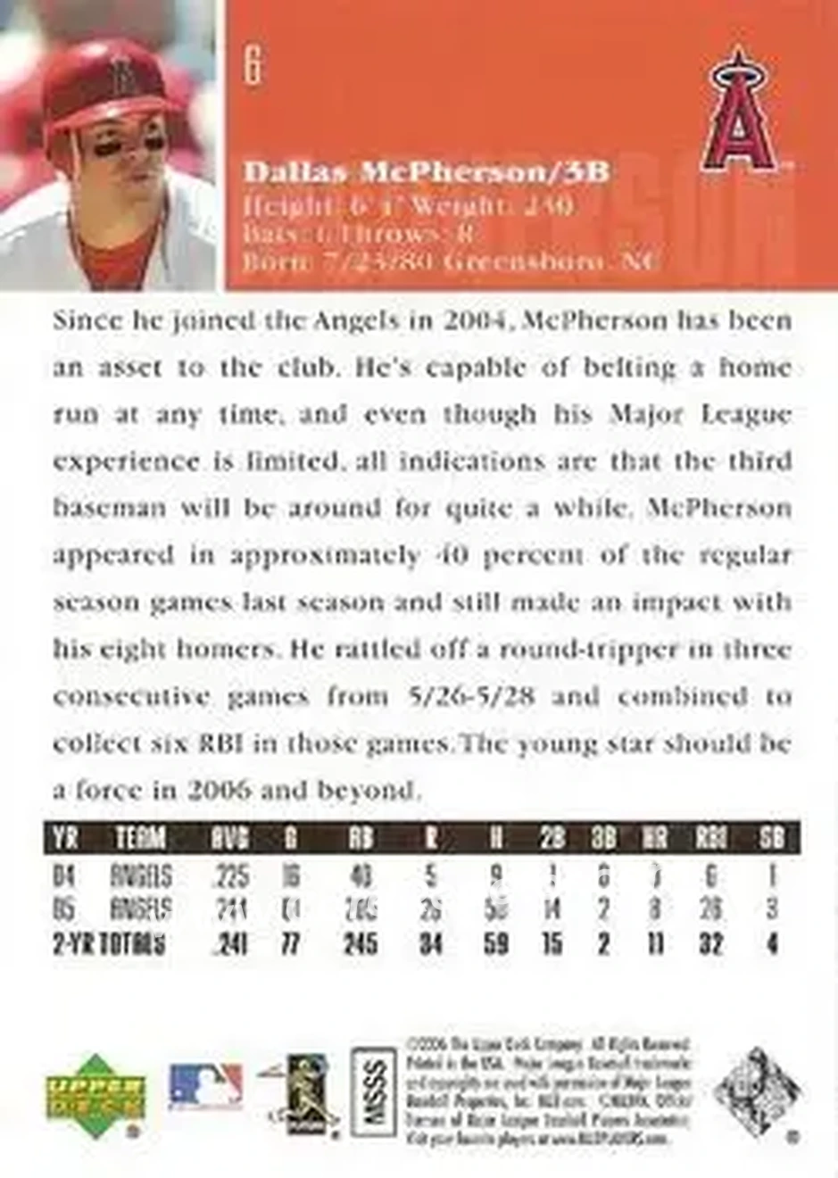 2006 Upper Deck #6 - Dallas McPherson - Los Angeles Angels - Back 2006 Upper Deck #6 - Dallas McPherson - Los Angeles Angels - Back