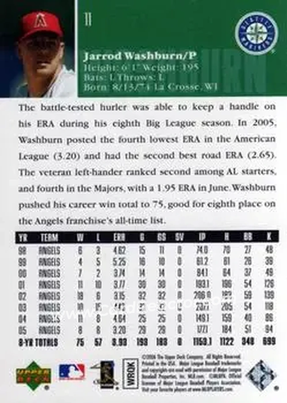 2006 Upper Deck #11 - Jarrod Washburn - Seattle Mariners - Back