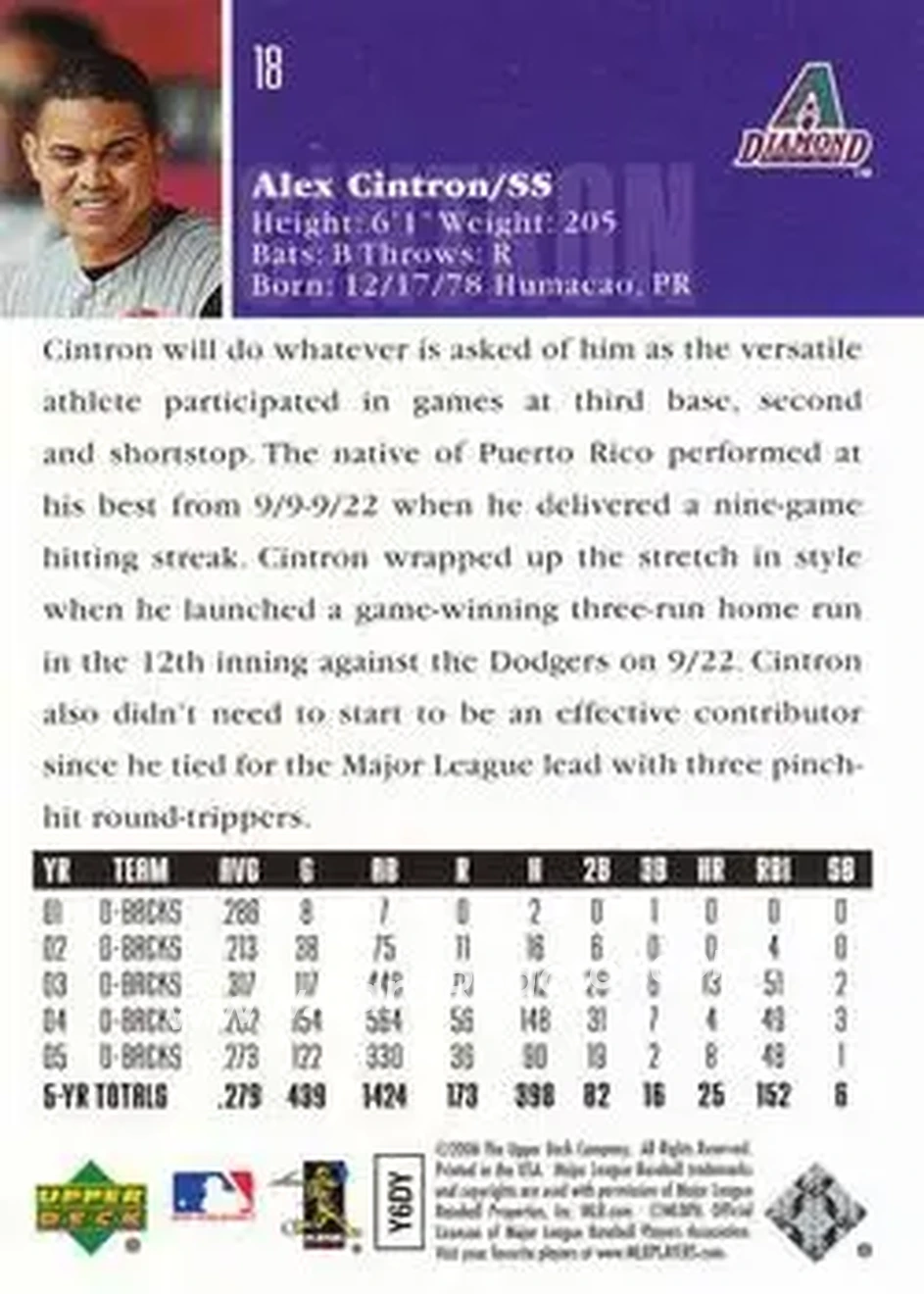 2006 Upper Deck #18 - Alex Cintron - Arizona Diamondbacks - Back