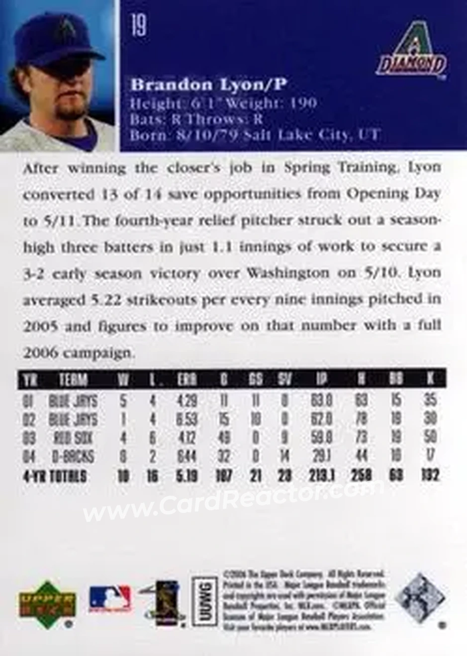 2006 Upper Deck #19 - Brandon Lyon - Arizona Diamondbacks - Back