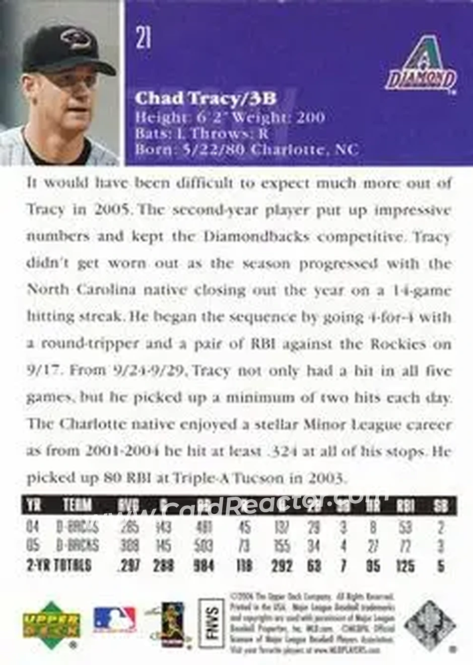 2006 Upper Deck #21 - Chad Tracy - Arizona Diamondbacks - Back