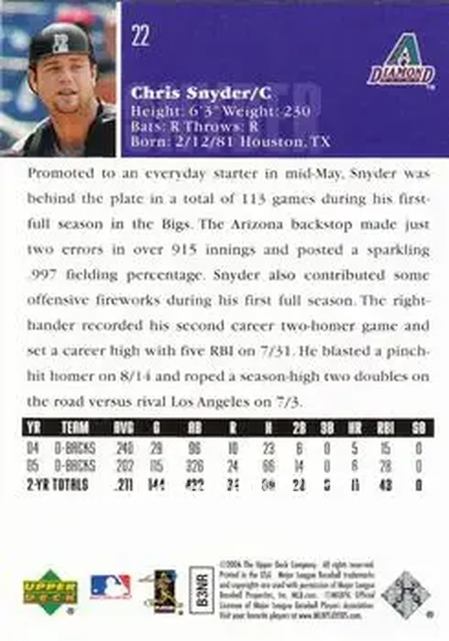 2006 Upper Deck #22 - Chris Snyder - Arizona Diamondbacks - Back