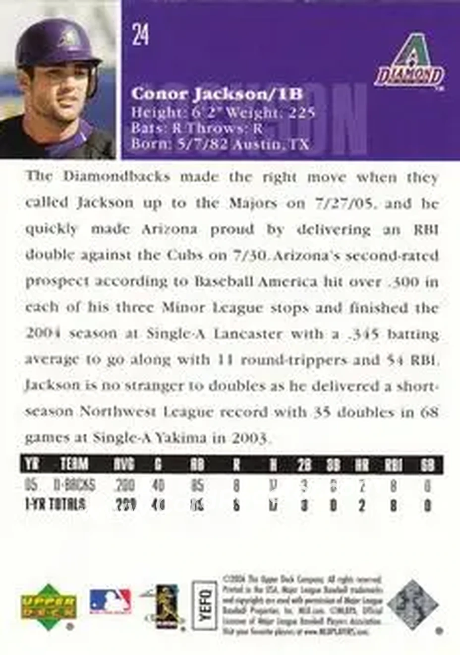 2006 Upper Deck #24b - Conor Jackson - Arizona Diamondbacks - Back