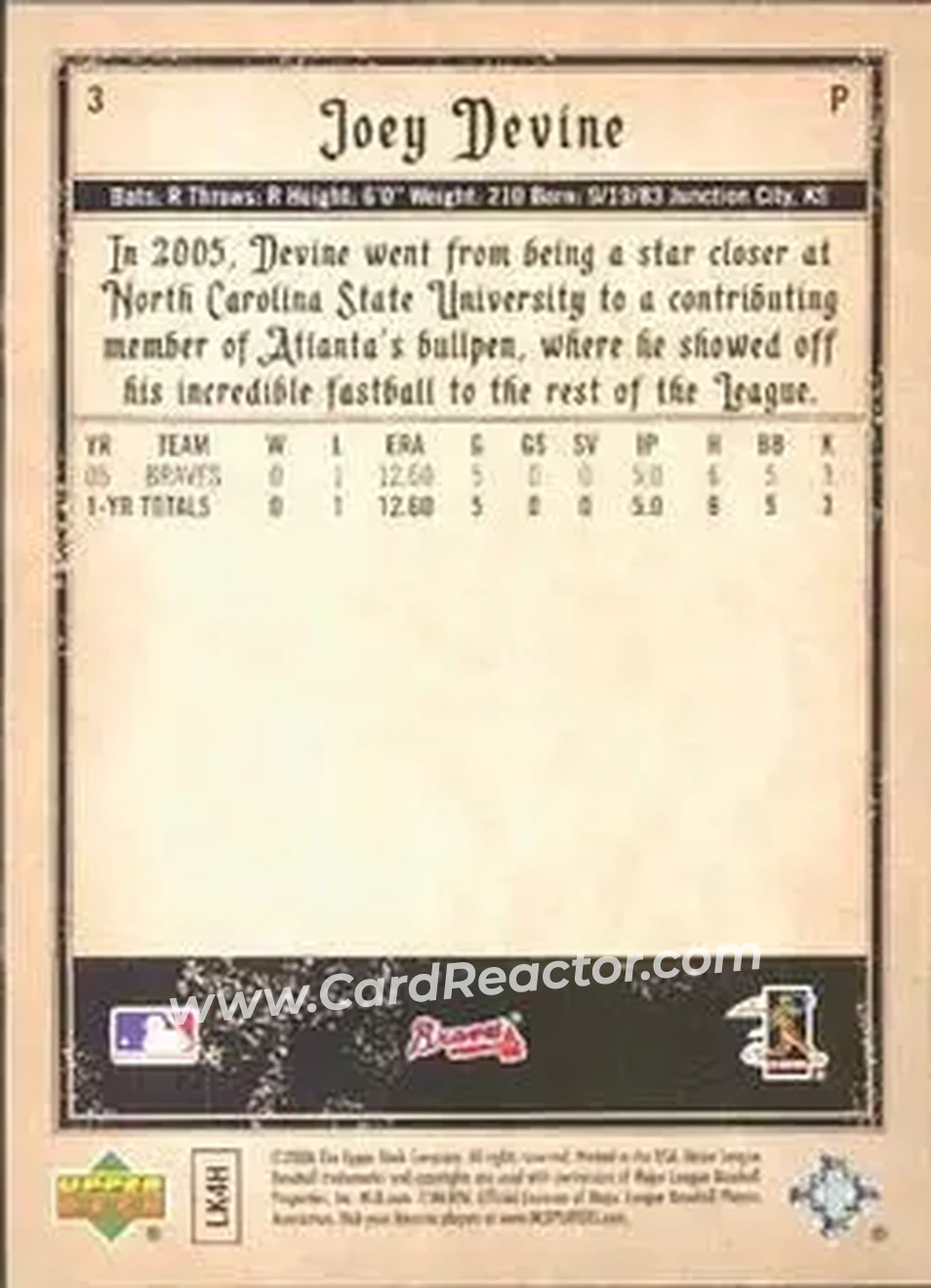 2006 Upper Deck Artifacts #3 - Joey Devine - Atlanta Braves - Back 2006 Upper Deck Artifacts #3 - Joey Devine - Atlanta Braves - Back