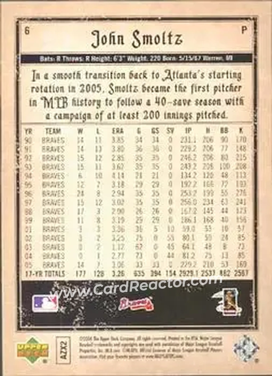 2006 Upper Deck Artifacts #6 - John Smoltz - Atlanta Braves - Back
