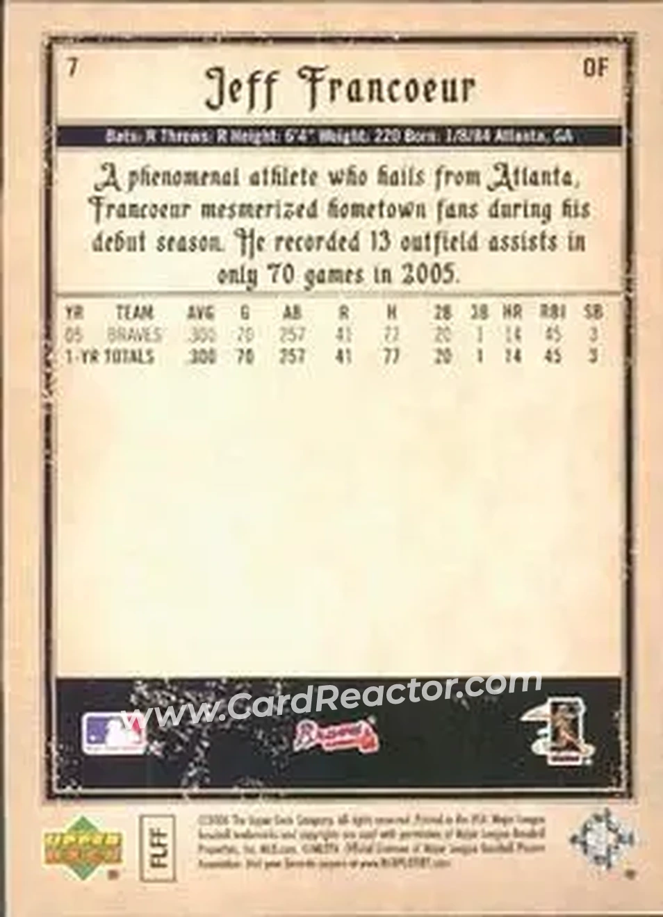 2006 Upper Deck Artifacts #7 - Jeff Francoeur - Atlanta Braves - Back