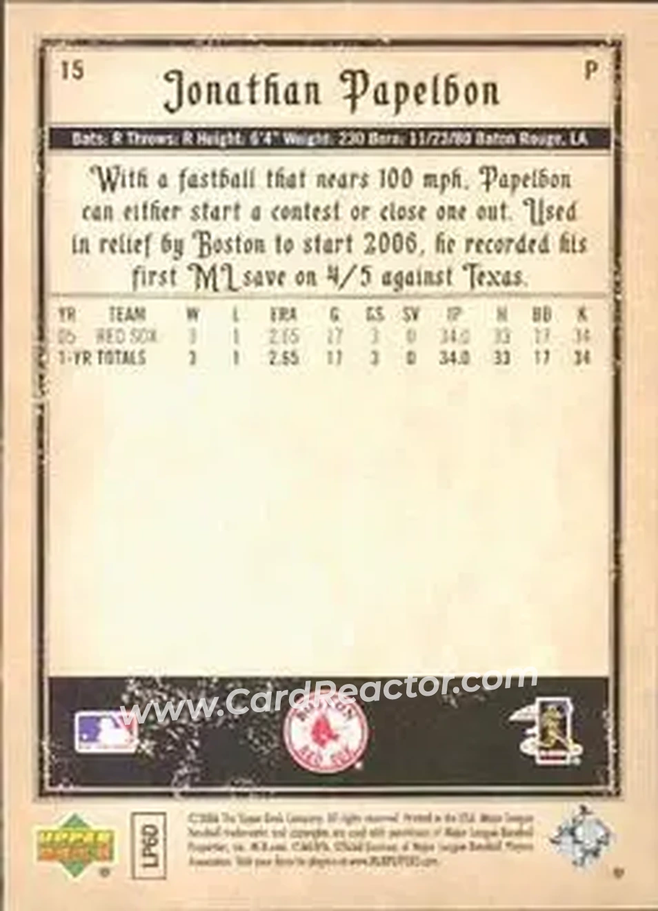 2006 Upper Deck Artifacts #15 - Jonathan Papelbon - Boston Red Sox - Back 2006 Upper Deck Artifacts #15 - Jonathan Papelbon - Boston Red Sox - Back