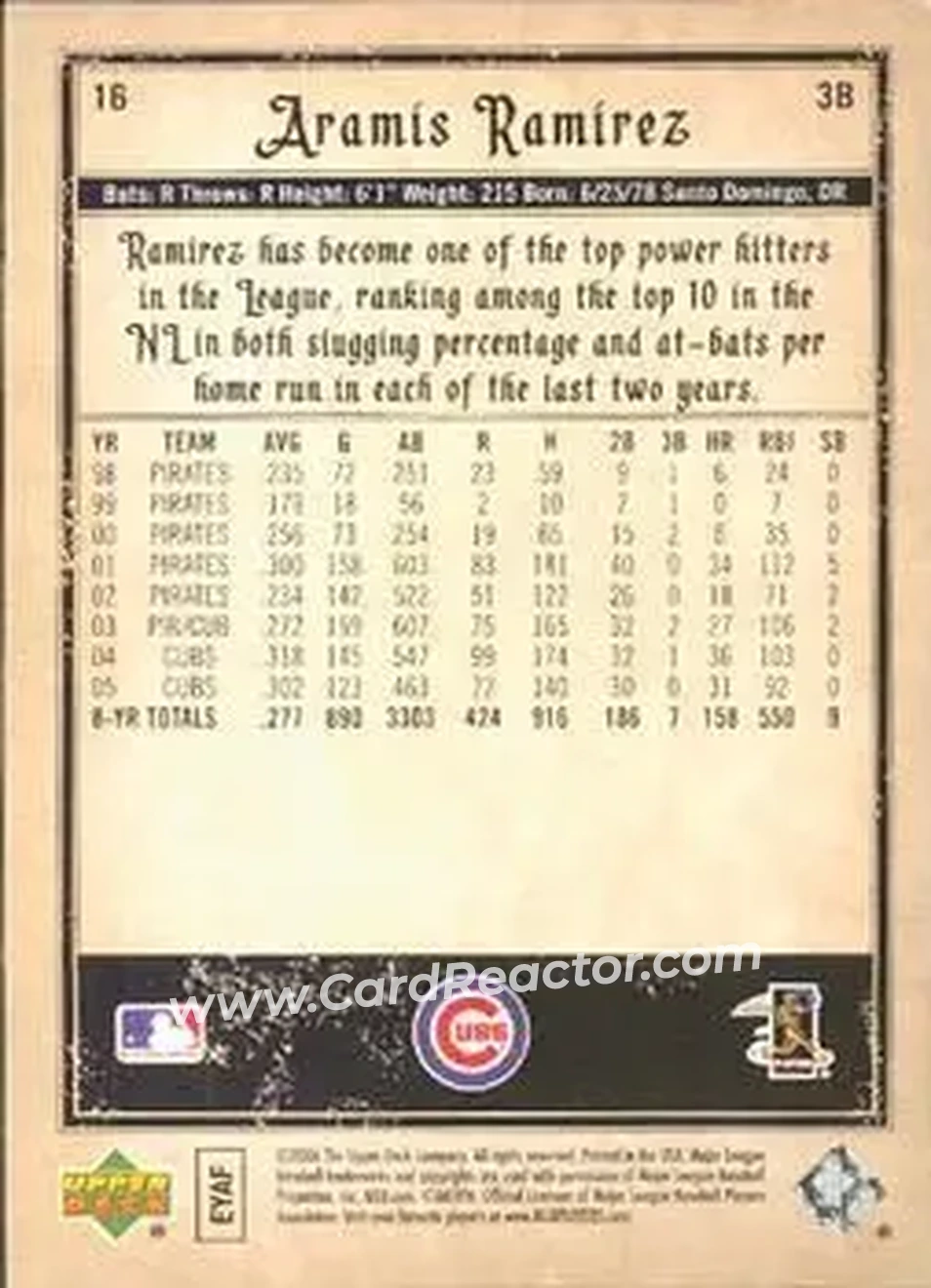 2006 Upper Deck Artifacts #16 - Aramis Ramirez - Chicago Cubs - Back 2006 Upper Deck Artifacts #16 - Aramis Ramirez - Chicago Cubs - Back