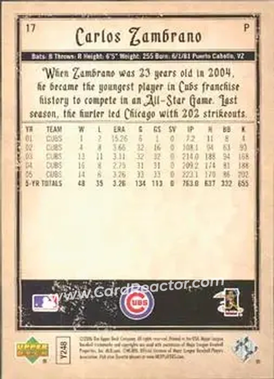 2006 Upper Deck Artifacts #17 - Carlos Zambrano - Chicago Cubs - Back