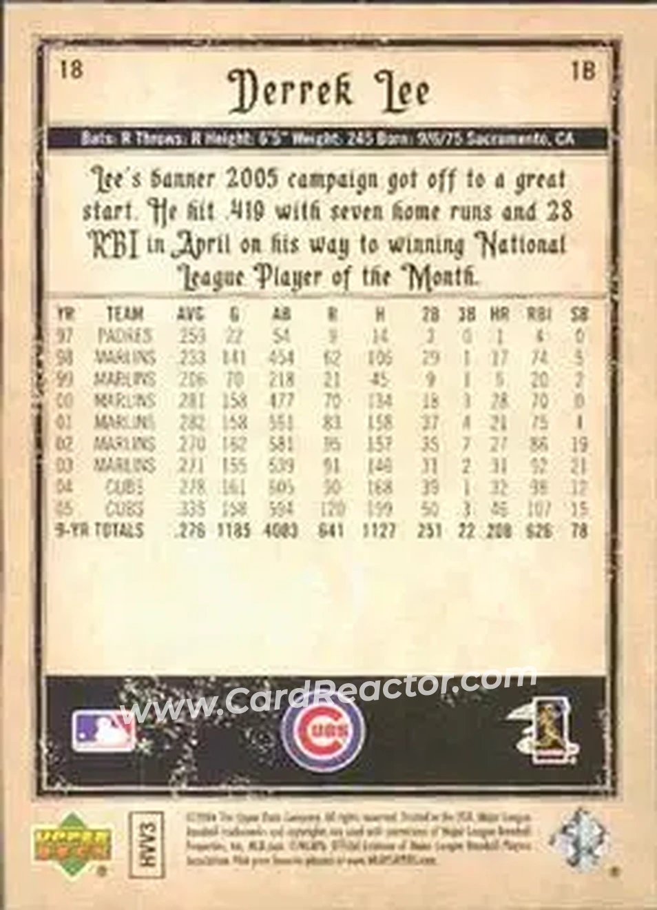 2006 Upper Deck Artifacts #18 - Derrek Lee - Chicago Cubs - Back