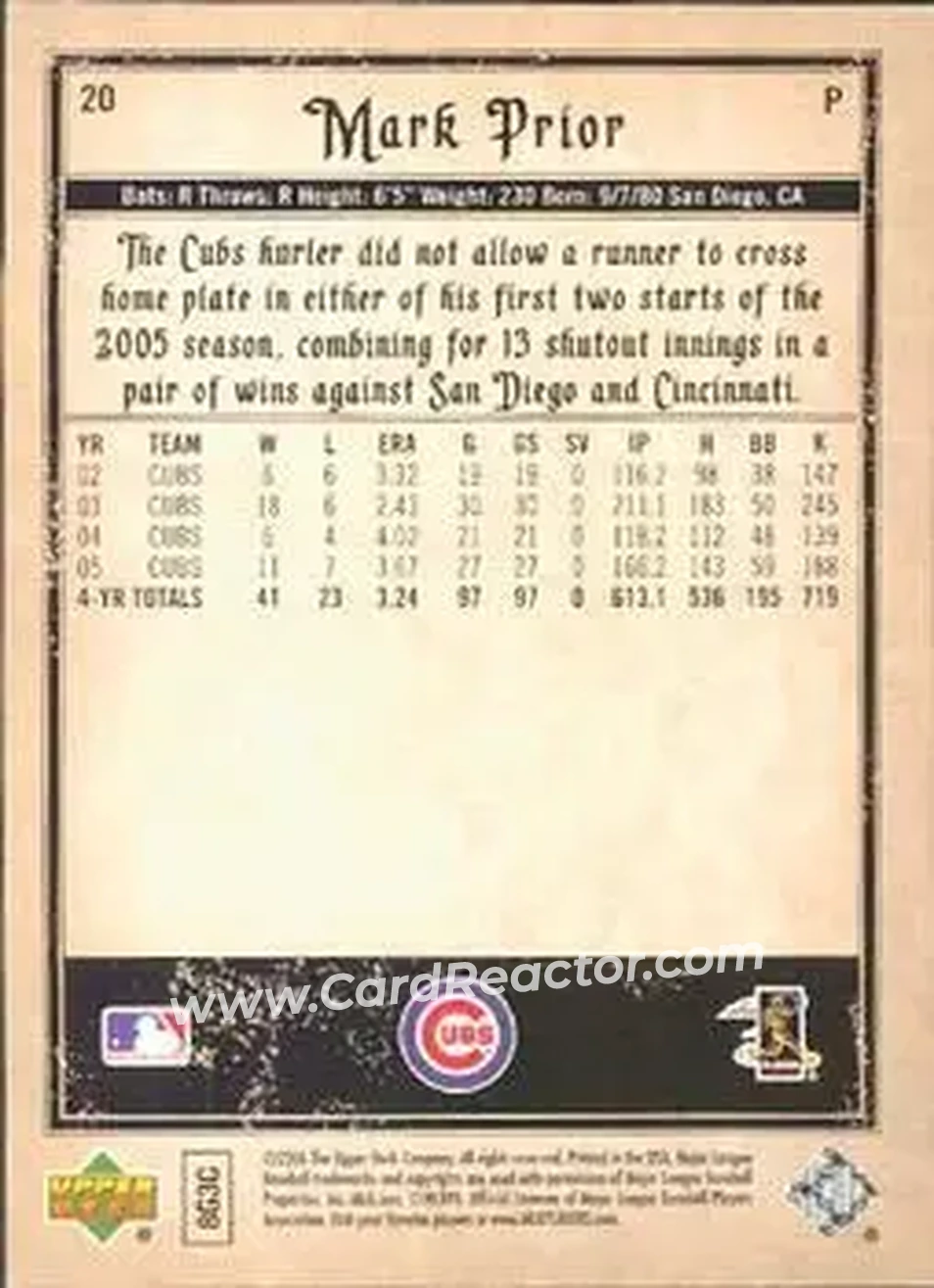 2006 Upper Deck Artifacts #20 - Mark Prior - Chicago Cubs - Back 2006 Upper Deck Artifacts #20 - Mark Prior - Chicago Cubs - Back