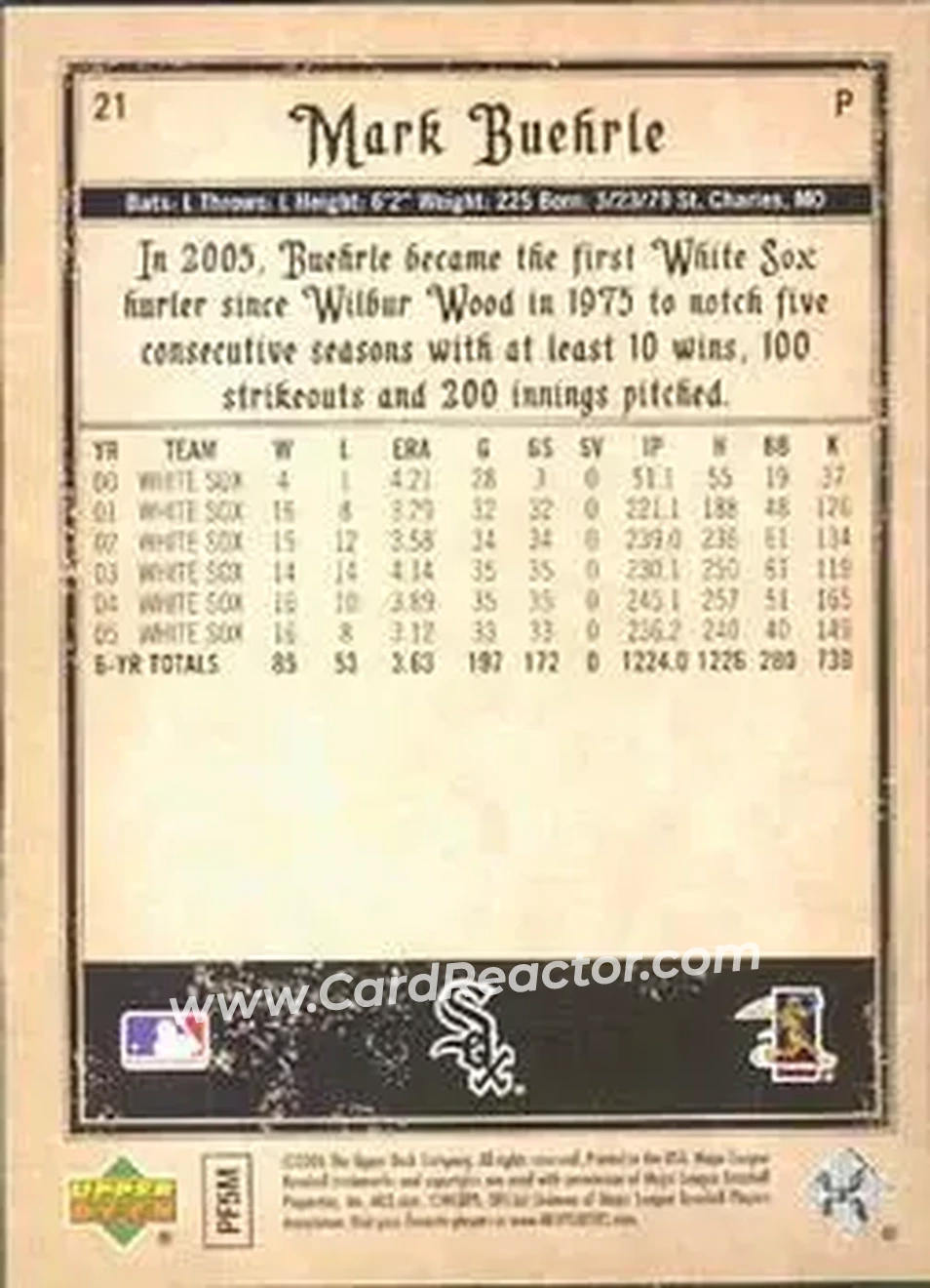 2006 Upper Deck Artifacts #21 - Mark Buehrle - Chicago White Sox - Back 2006 Upper Deck Artifacts #21 - Mark Buehrle - Chicago White Sox - Back
