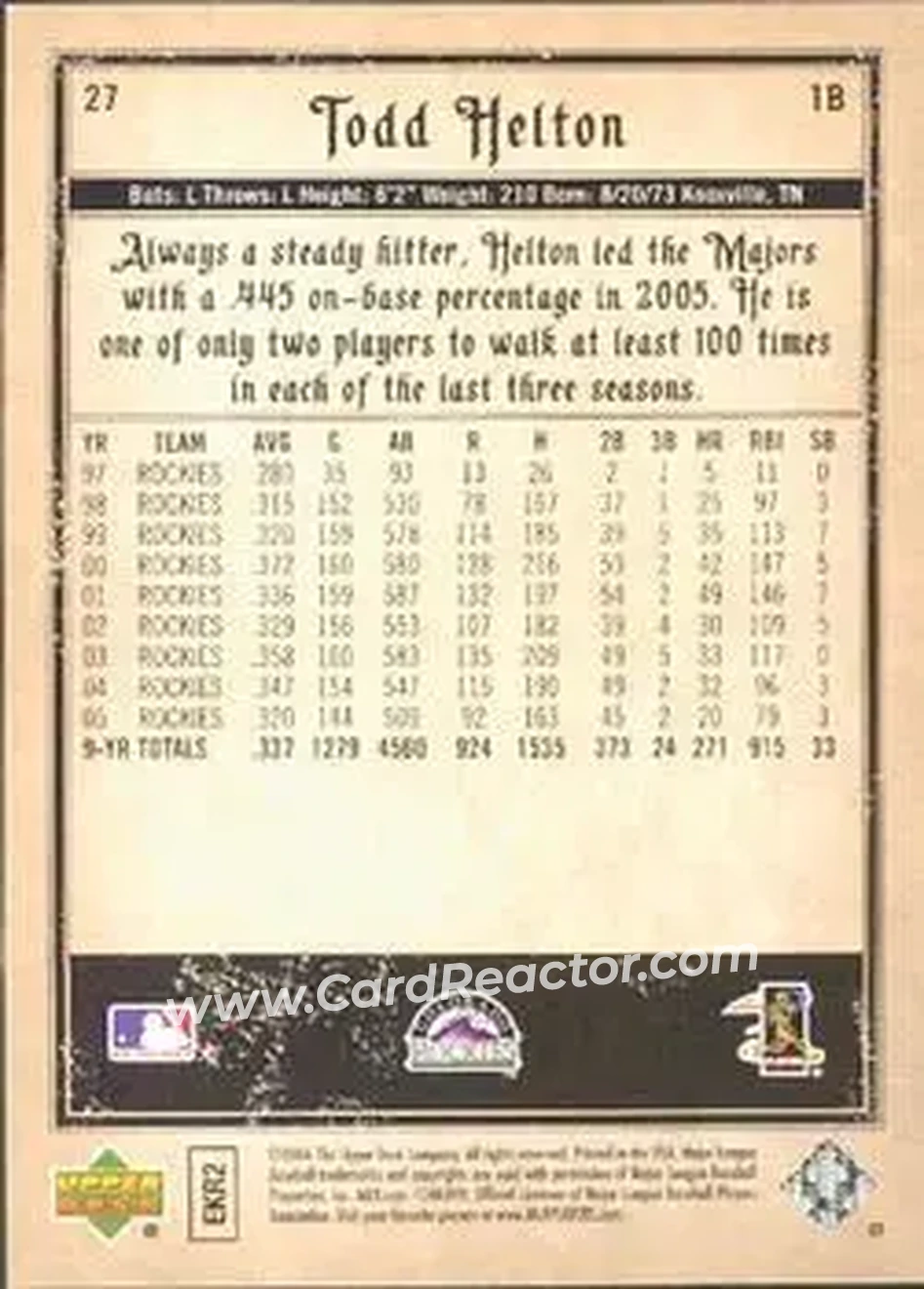 2006 Upper Deck Artifacts #27 - Todd Helton - Colorado Rockies - Back 2006 Upper Deck Artifacts #27 - Todd Helton - Colorado Rockies - Back
