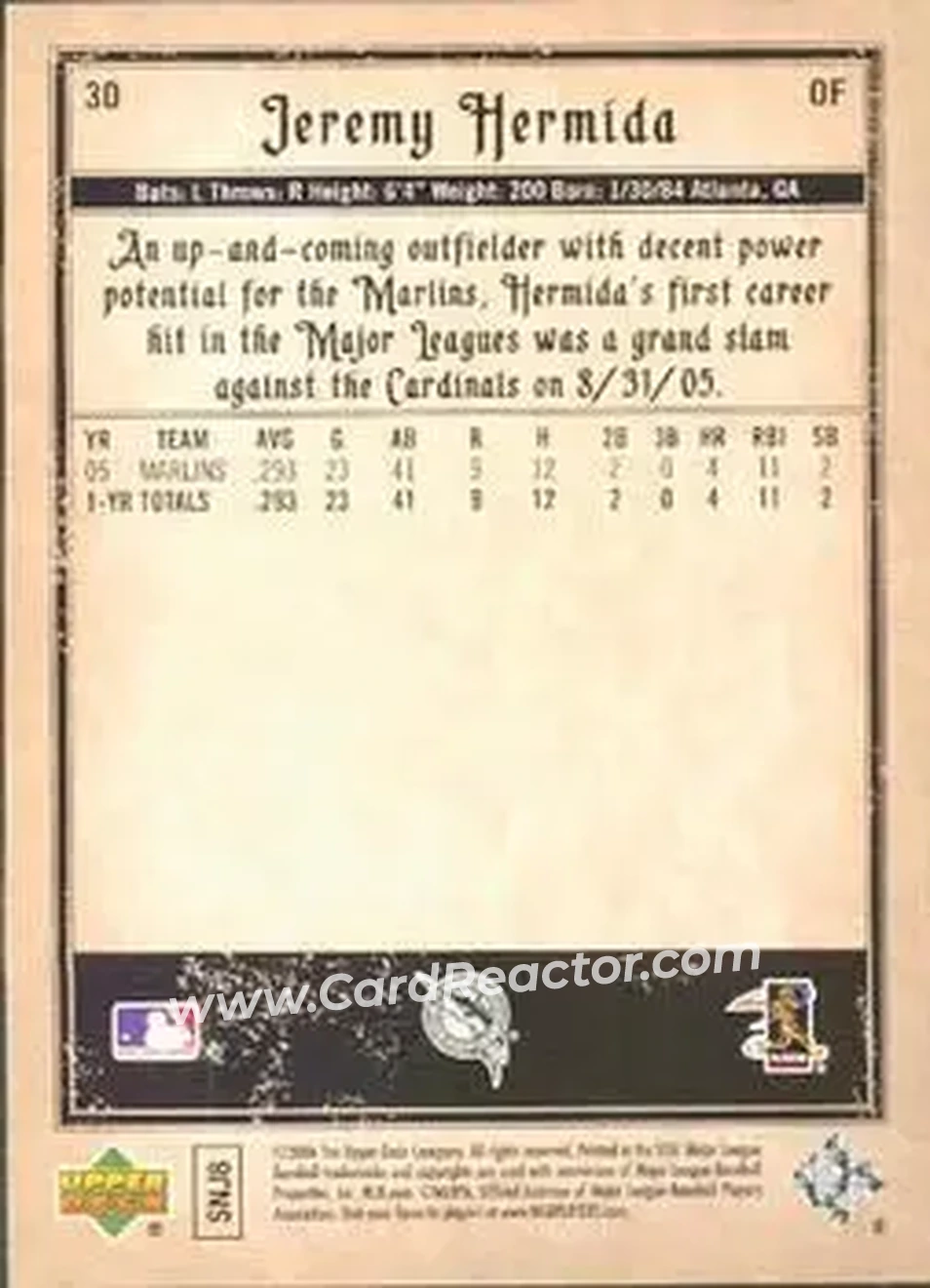 2006 Upper Deck Artifacts #30 - Jeremy Hermida - Florida Marlins - Back