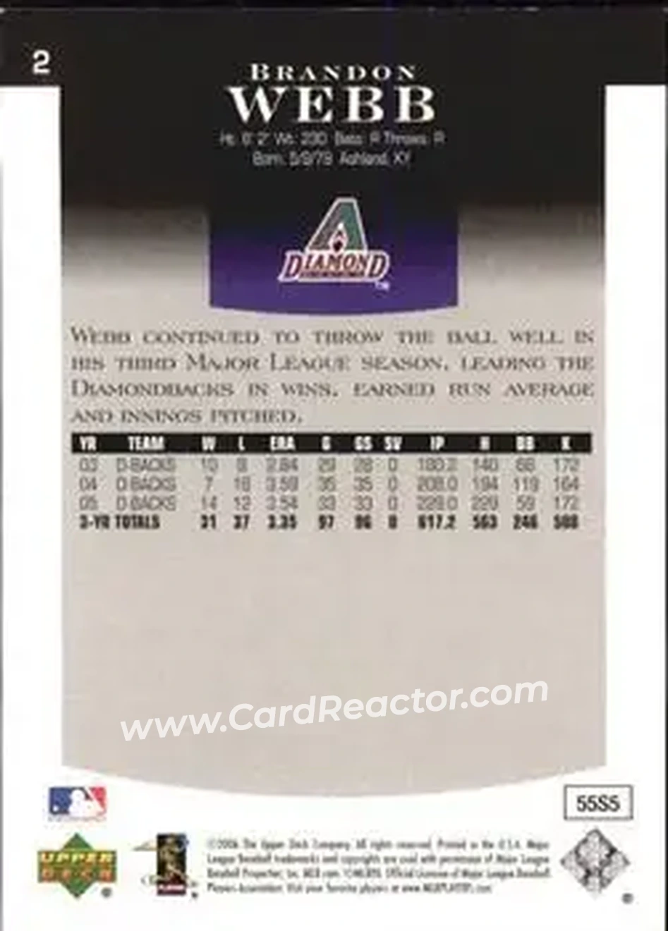 2006 Upper Deck Epic #2 - Brandon Webb - Arizona Diamondbacks - Back 2006 Upper Deck Epic #2 - Brandon Webb - Arizona Diamondbacks - Back