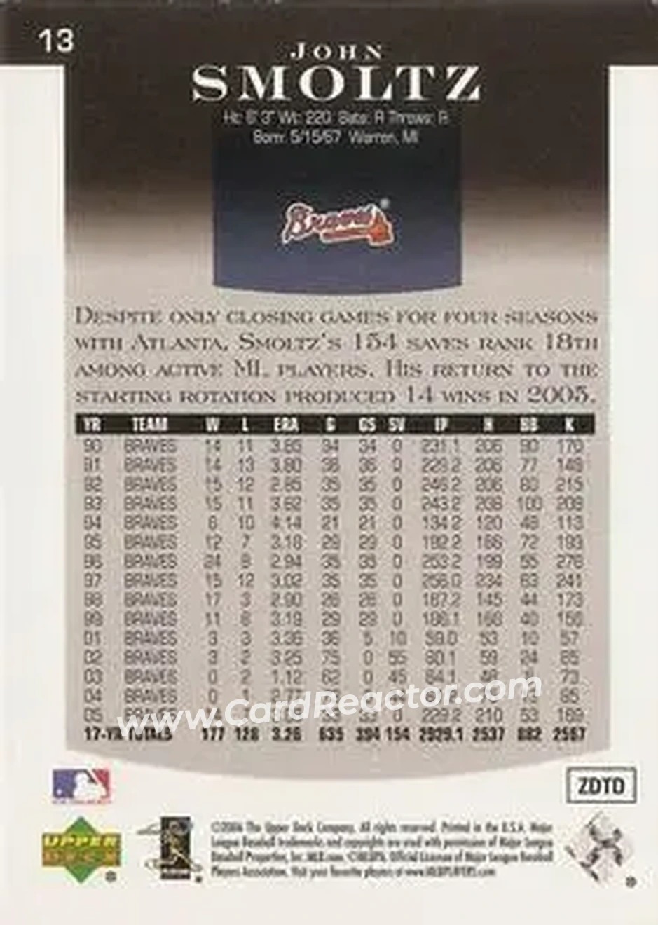 2006 Upper Deck Epic #13 - John Smoltz - Atlanta Braves - Back