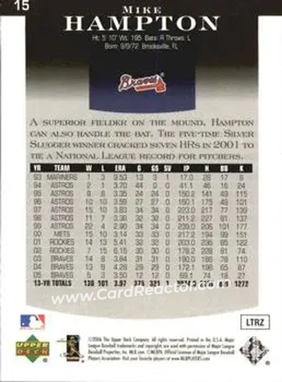 2006 Upper Deck Epic #15 - Mike Hampton - Atlanta Braves - Back 2006 Upper Deck Epic #15 - Mike Hampton - Atlanta Braves - Back