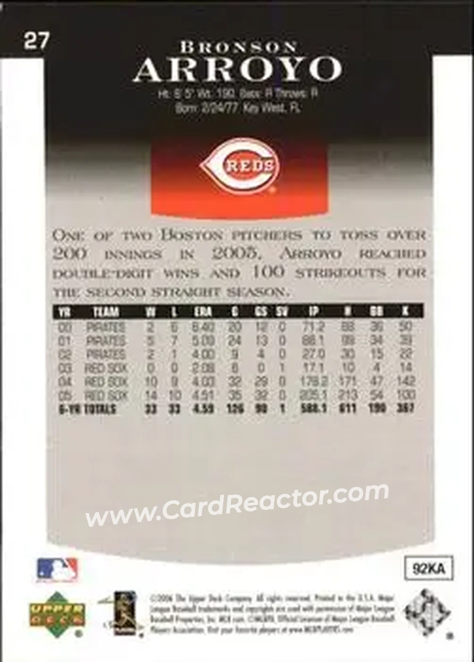 2006 Upper Deck Epic #27 - Bronson Arroyo - Cincinnati Reds - Back
