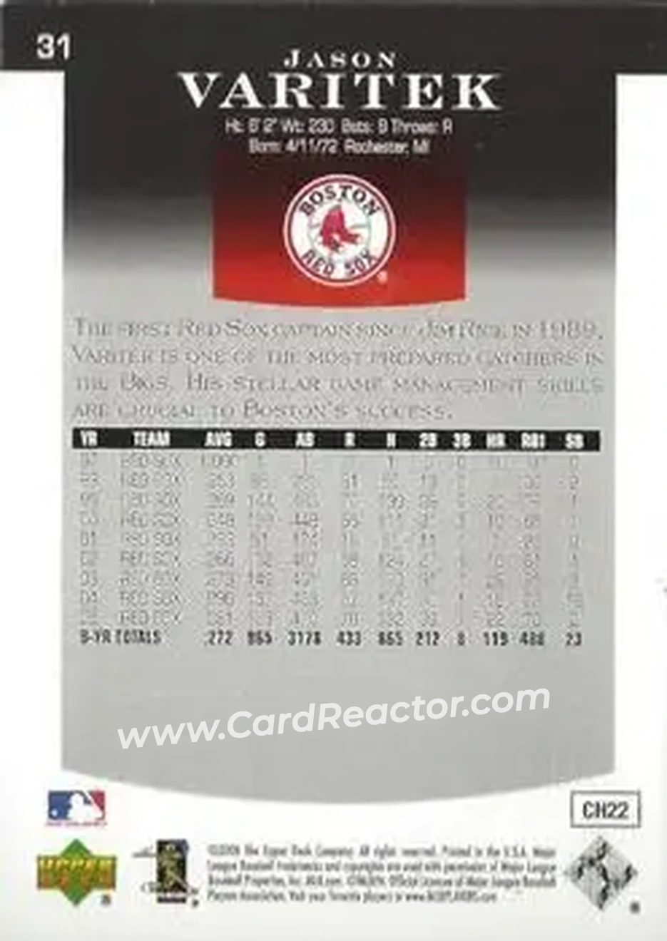 2006 Upper Deck Epic #31 - Jason Varitek - Boston Red Sox - Back