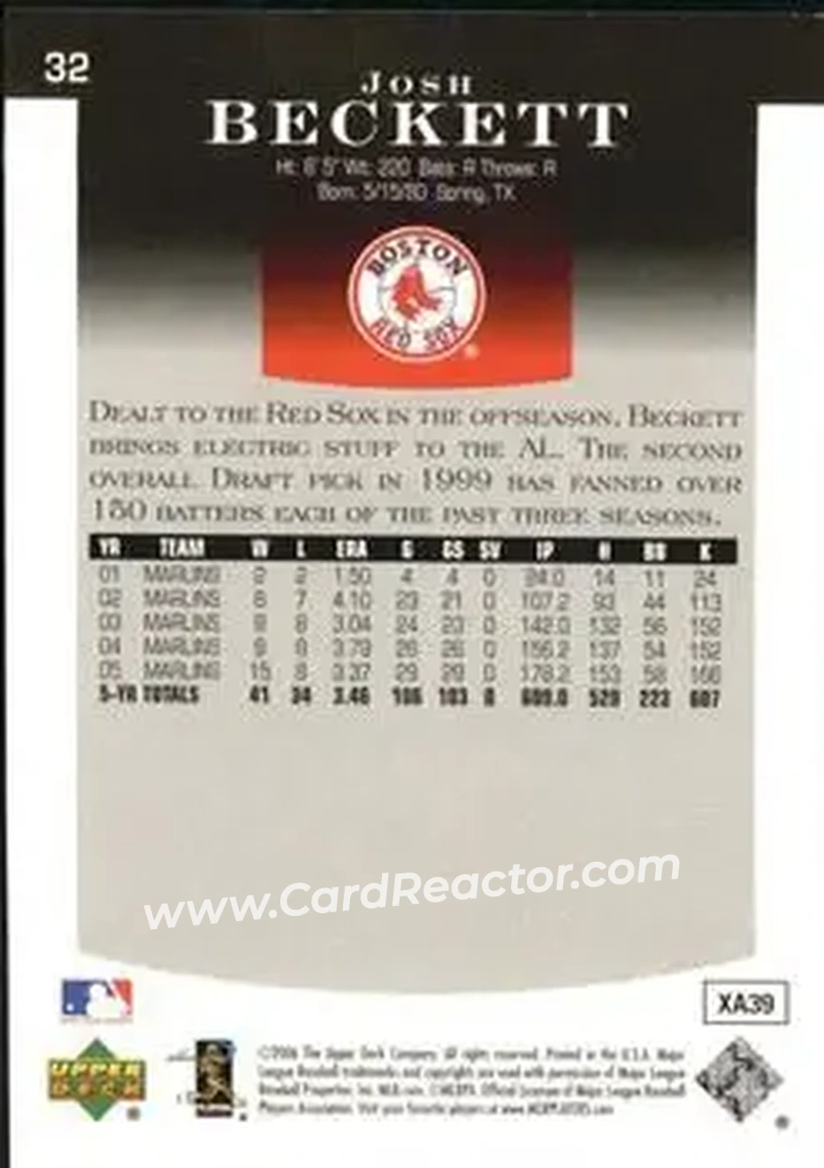 2006 Upper Deck Epic #32 - Josh Beckett - Boston Red Sox - Back