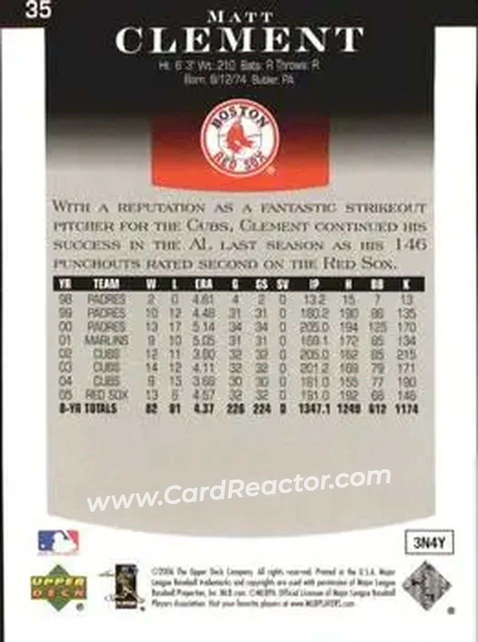 2006 Upper Deck Epic #35 - Matt Clement - Boston Red Sox - Back