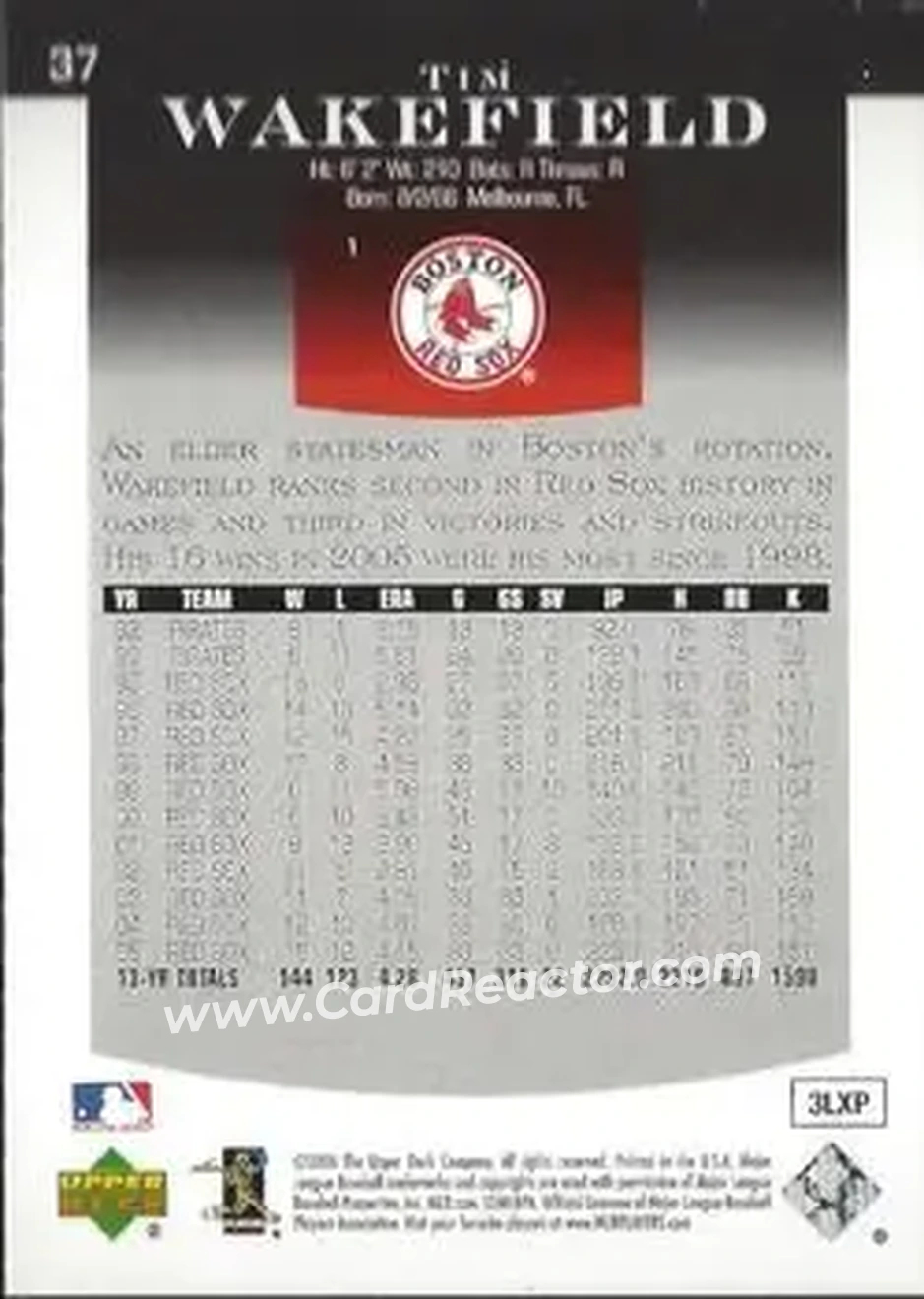 2006 Upper Deck Epic #37 - Tim Wakefield - Boston Red Sox - Back