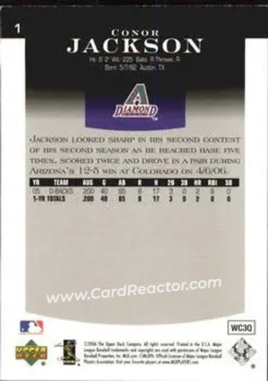 2006 Upper Deck Epic #1 - Conor Jackson - Arizona Diamondbacks - Back