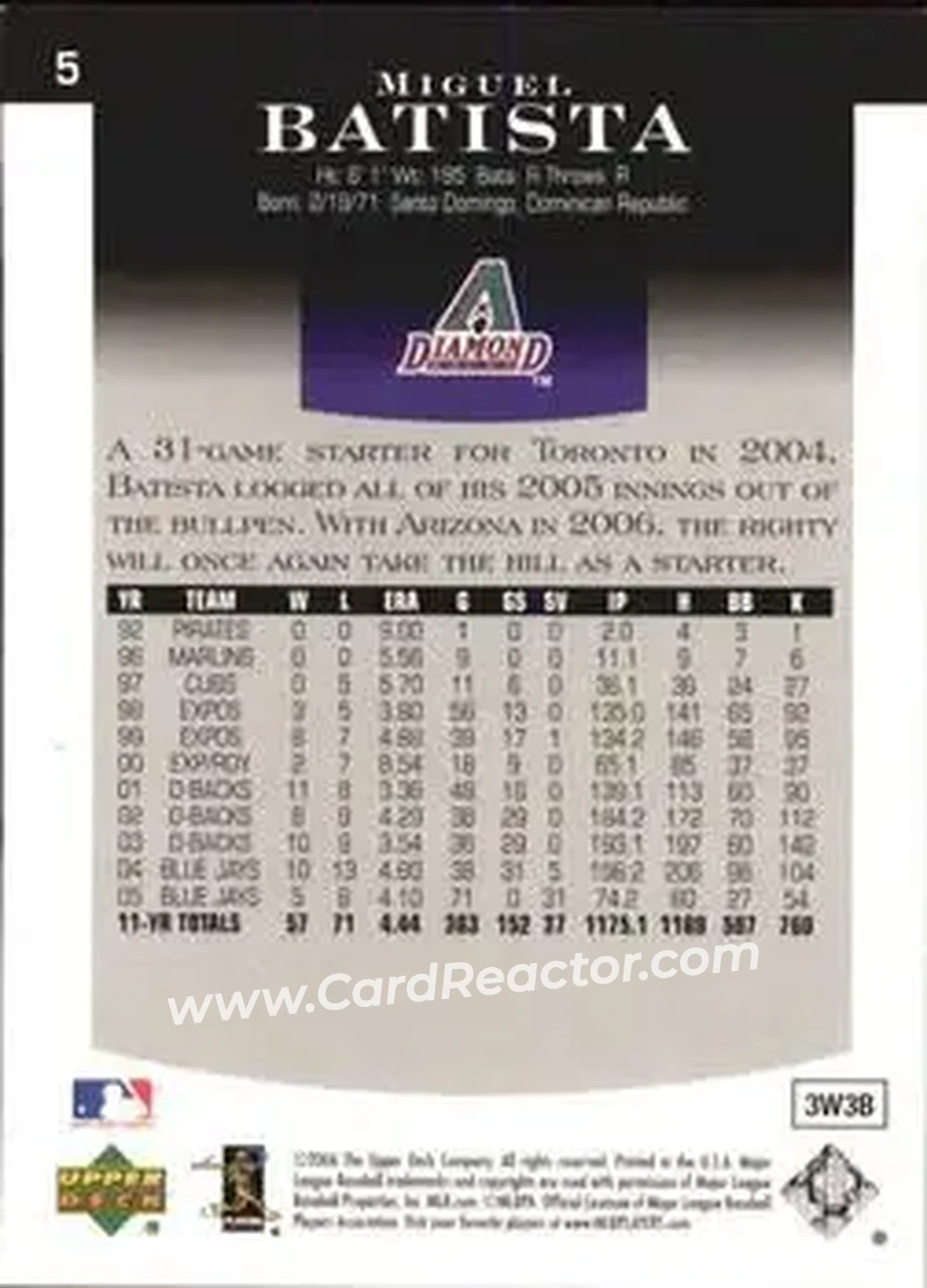 2006 Upper Deck Epic #5 - Miguel Batista - Arizona Diamondbacks - Back