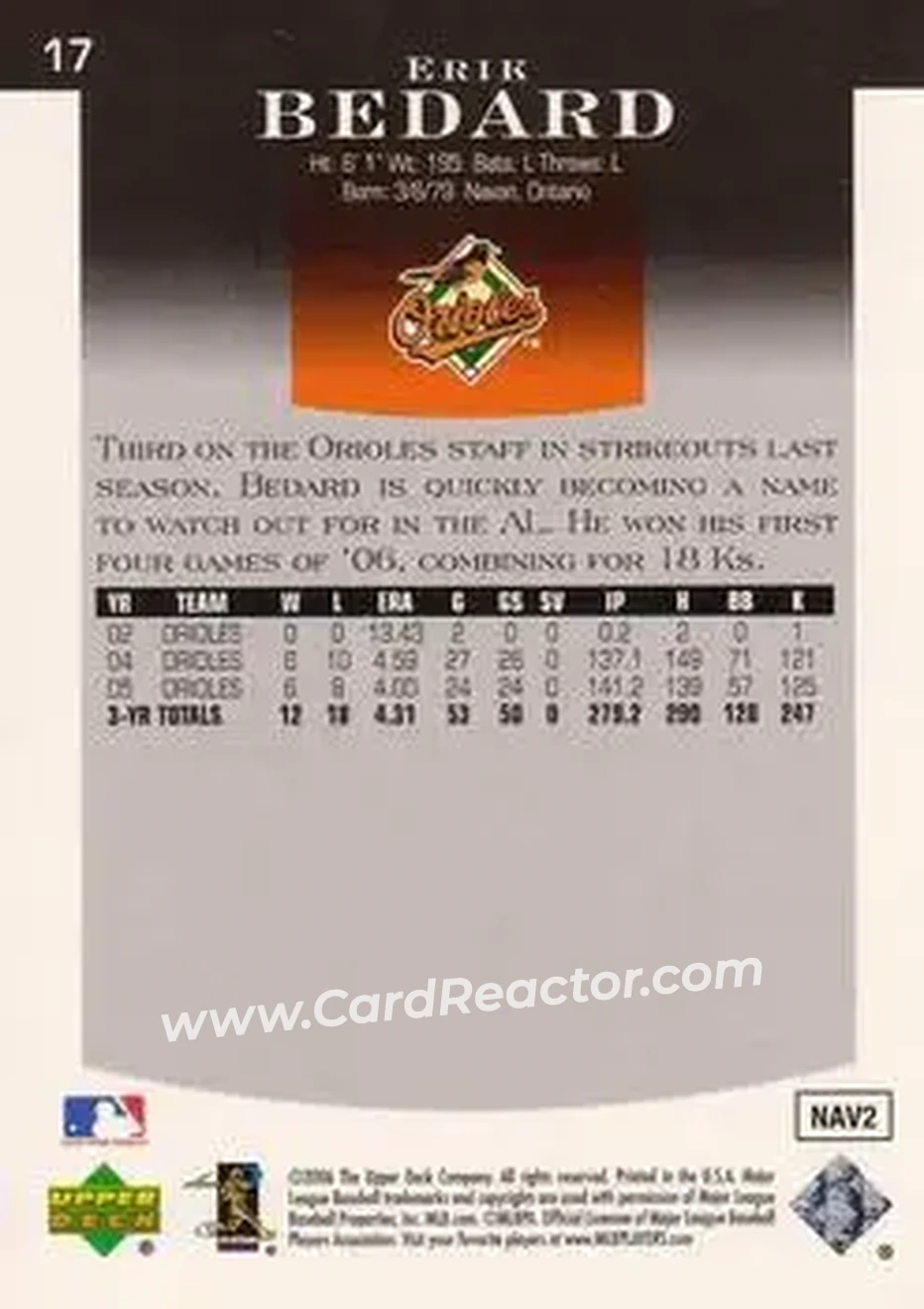 2006 Upper Deck Epic #17 - Erik Bedard - Baltimore Orioles - Back