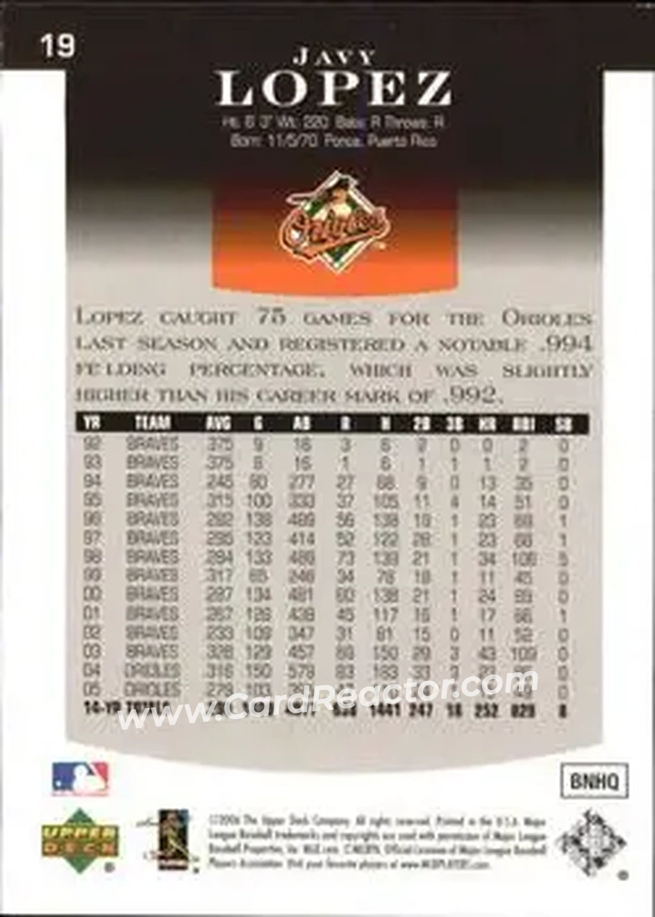 2006 Upper Deck Epic #19 - Javier Lopez - Baltimore Orioles - Back