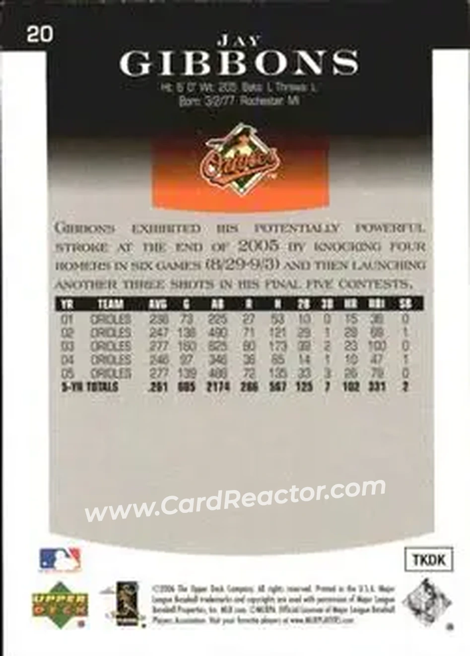 2006 Upper Deck Epic #20 - Jay Gibbons - Baltimore Orioles - Back