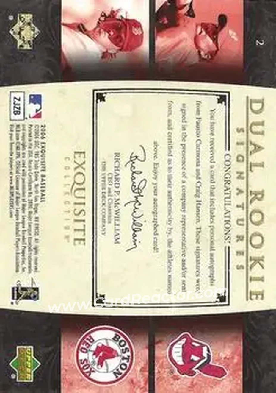 2006 Upper Deck Exquisite Collection #2 - Fausto Carmona - Craig Hansen DRS, AU, SN55, EXCH - Cleveland Indians - Boston Red Sox - Back