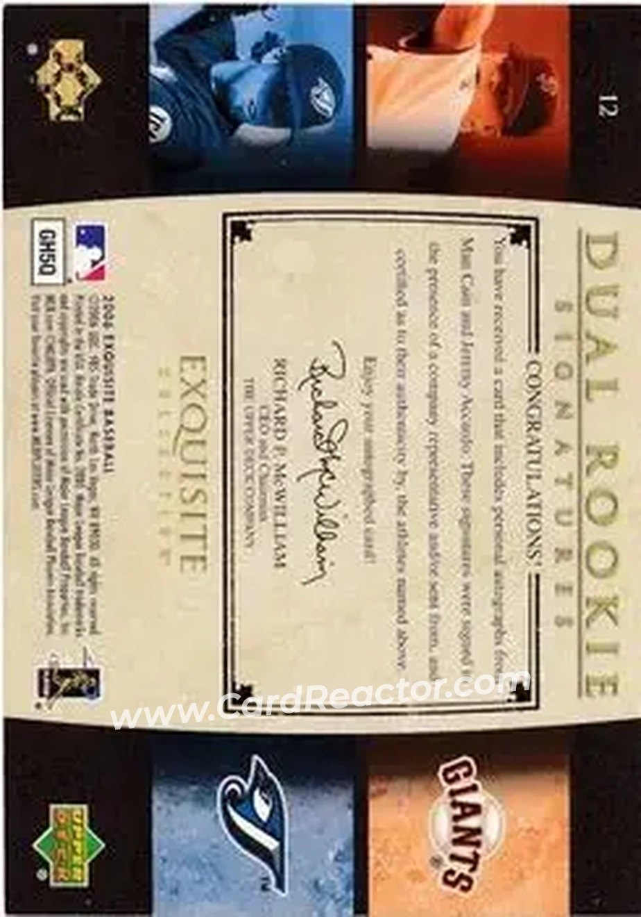 2006 Upper Deck Exquisite Collection #12 - Matt Cain - Jeremy Accardo DRS, AU, RC, SN55, EXCH - San Francisco Giants - Toronto Blue Jays - Back 2006 Upper Deck Exquisite Collection #12 - Matt Cain - Jeremy Accardo DRS, AU, RC, SN55, EXCH - San Francisco Giants - Toronto Blue Jays - Back