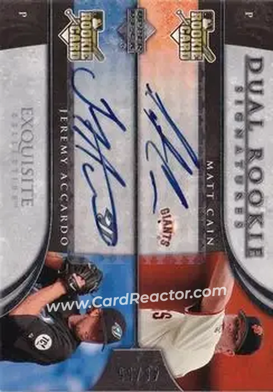 2006 Upper Deck Exquisite Collection #12 - Matt Cain - Jeremy Accardo DRS, AU, RC, SN55, EXCH - San Francisco Giants - Toronto Blue Jays - Front 2006 Upper Deck Exquisite Collection #12 - Matt Cain - Jeremy Accardo DRS, AU, RC, SN55, EXCH - San Francisco Giants - Toronto Blue Jays - Front