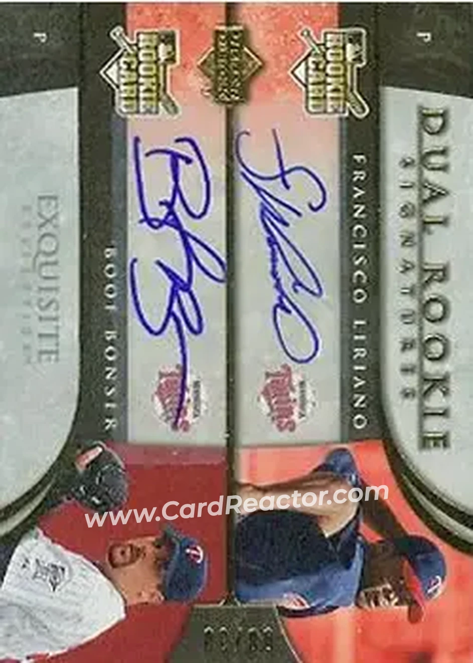 2006 Upper Deck Exquisite Collection #15 - Francisco Liriano - Boof Bonser DRS, AU, SN55, EXCH - Minnesota Twins - Minnesota Twins - Front 2006 Upper Deck Exquisite Collection #15 - Francisco Liriano - Boof Bonser DRS, AU, SN55, EXCH - Minnesota Twins - Minnesota Twins - Front