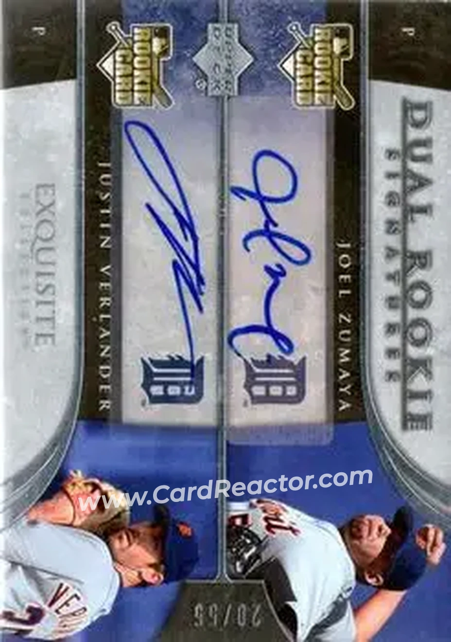 2006 Upper Deck Exquisite Collection #16 - Joel Zumaya - Justin Verlander DRS, AU, SN55, EXCH - Detroit Tigers - Detroit Tigers - Front 2006 Upper Deck Exquisite Collection #16 - Joel Zumaya - Justin Verlander DRS, AU, SN55, EXCH - Detroit Tigers - Detroit Tigers - Front