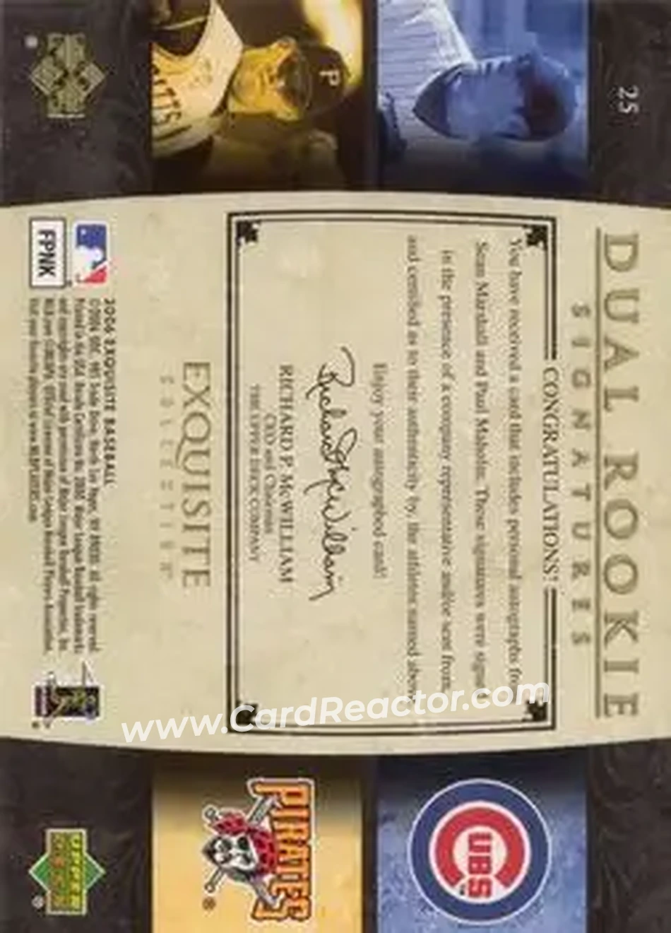 2006 Upper Deck Exquisite Collection #25 - Sean Marshall - Paul Maholm DRS, AU, SN55, EXCH - Chicago Cubs - Pittsburgh Pirates - Back